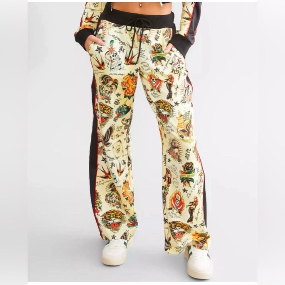 Y2K Ed Hardy Flashboard Track Pants Wide Leg Multi Print Size Large OR XL NWT